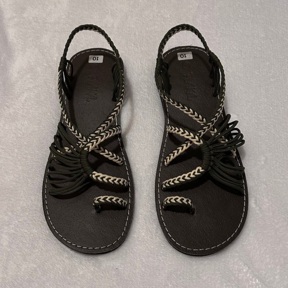 Plaka Flat Sandals for Women Braided Palm Leaf Teal & Moss Green, Size 10 - Picture 2 of 7